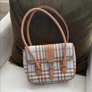 Vintage Designer inspired Plaid Tan and Blue Women's Bag with matching wallet